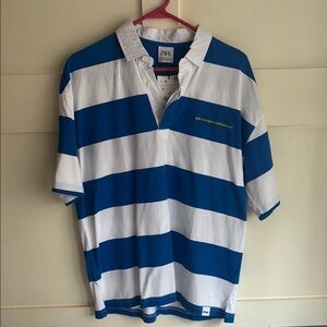 Zara Men's Blue and White Striped Polo Shirt